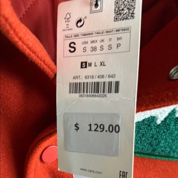 Zara Red and White Bomber Jacket with Varsity Style - Picture 2 of 5